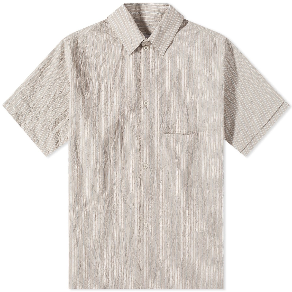 Photo: Sage Nation Men's Double Hem Short Sleeve Shirt in Crinkle Pinstripe
