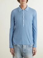 SAINT LAURENT - Slim-Fit Ribbed Wool, Cashmere and Silk-Blend Polo Shirt - Blue