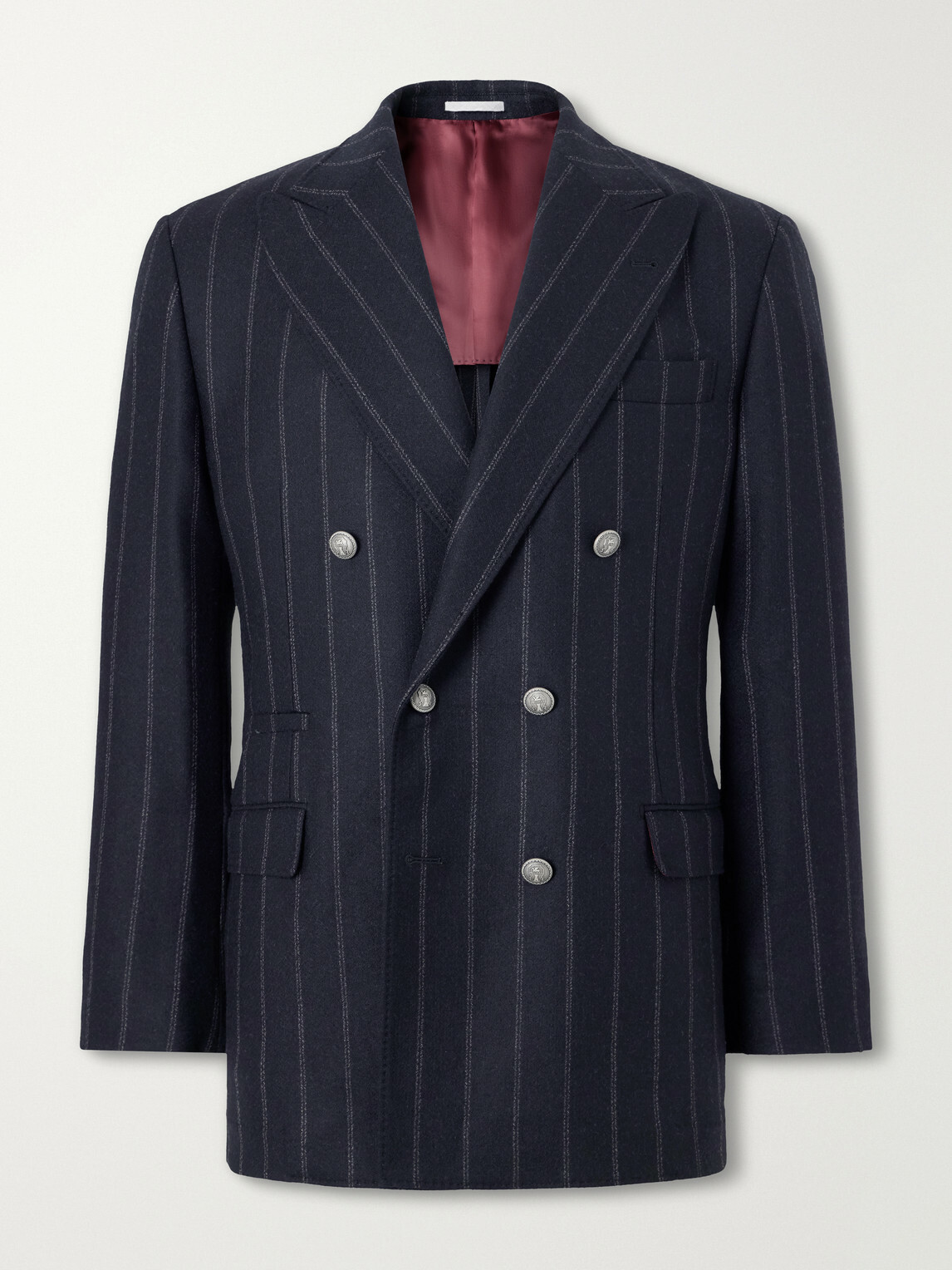 Brunello Cucinelli - Double-Breasted Pinstripe Cashmere and Wool-Blend Flannel Suit Jacket - Black