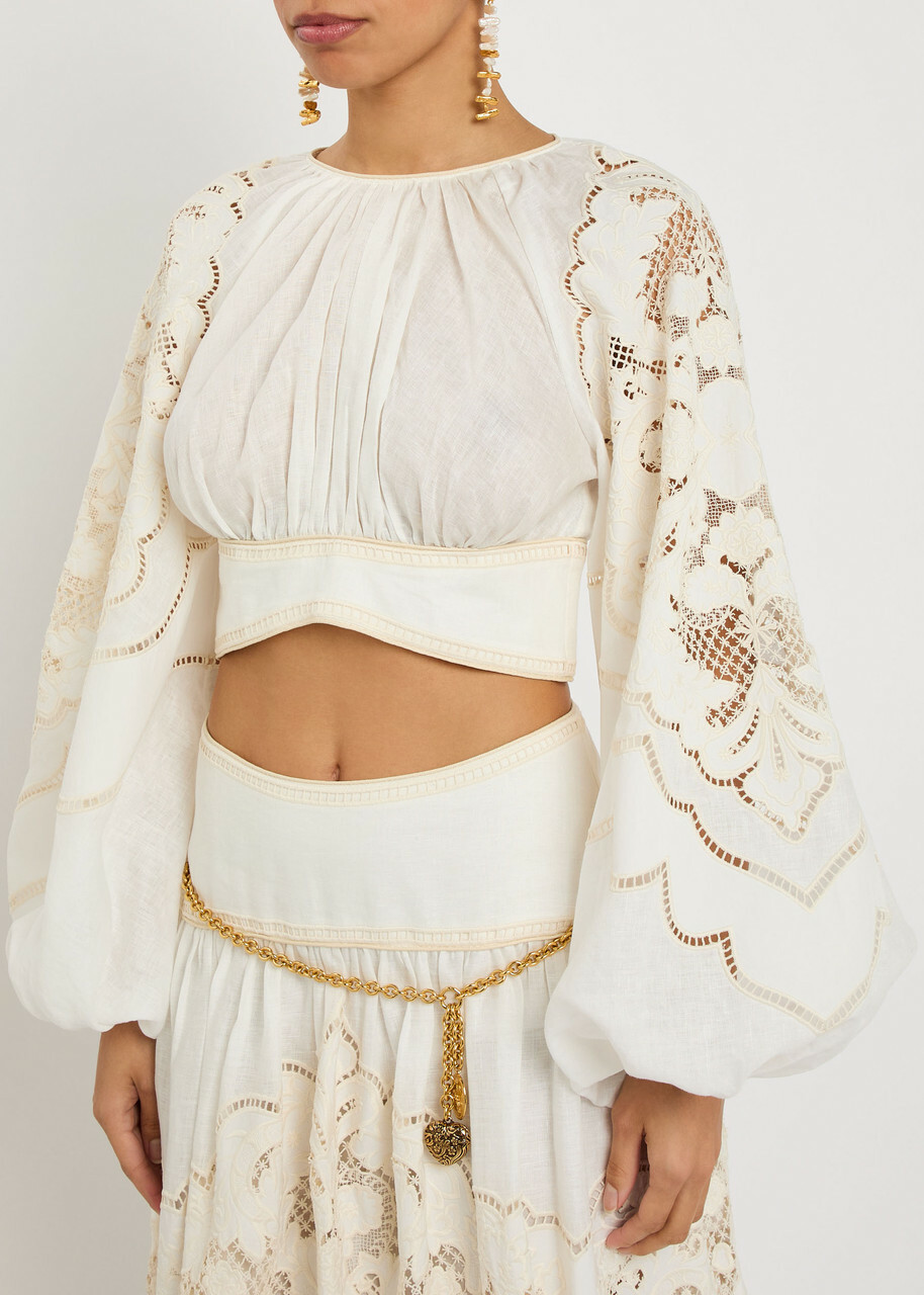 Zimmermann Daylight Guipure-lace Cropped Linen top Cream