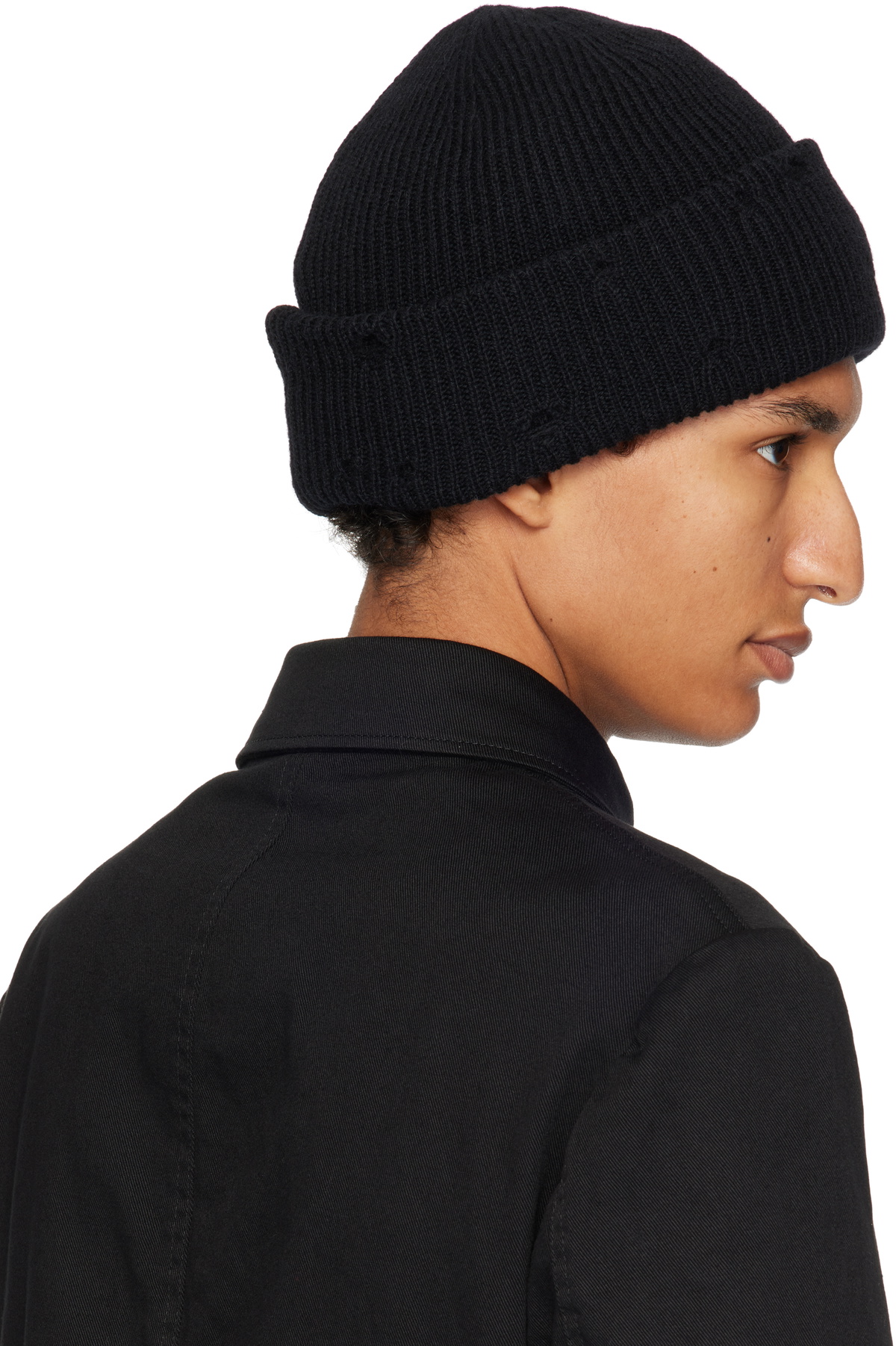 Y's For Men Black Damaged Knit Beanie