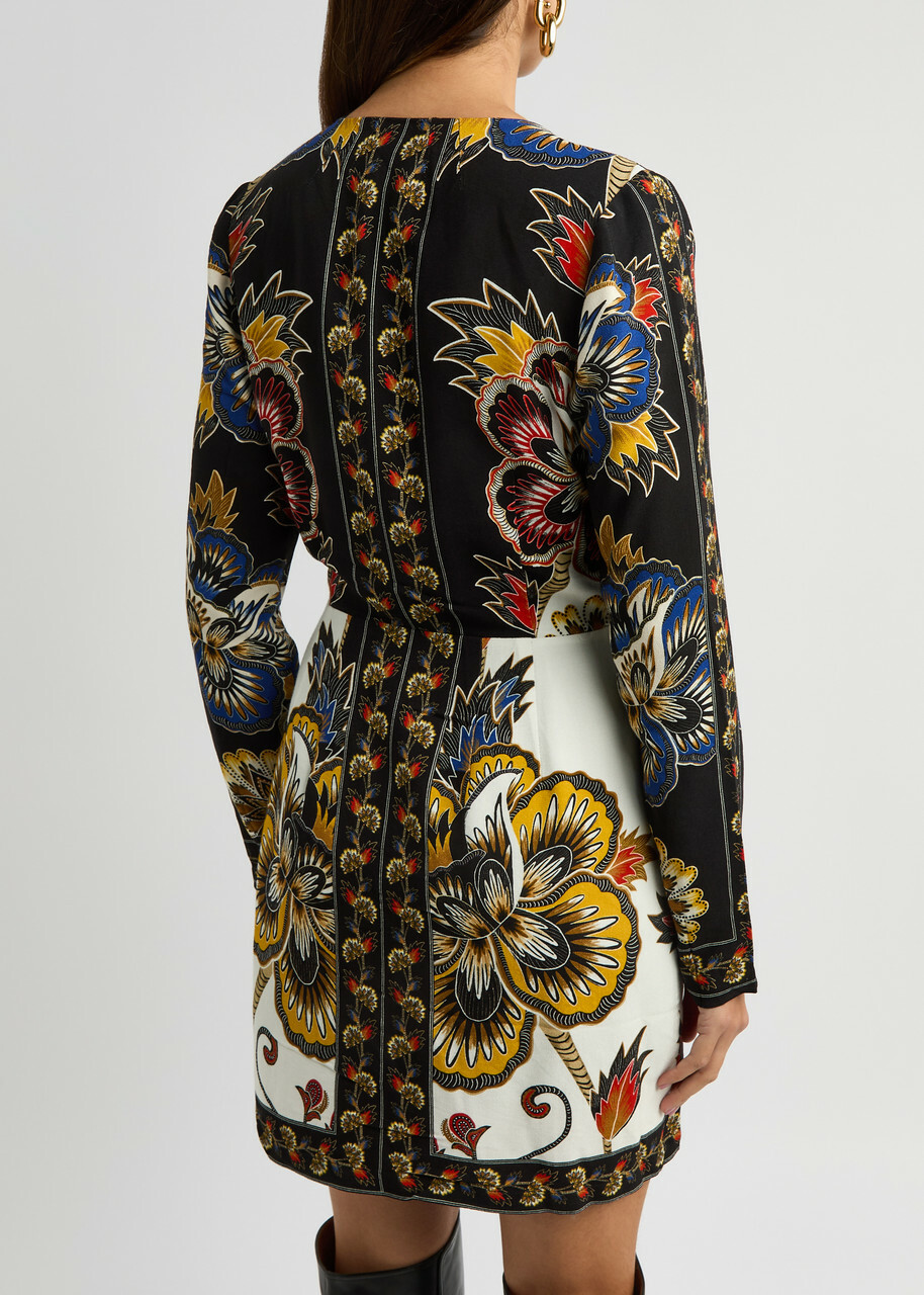 Farm Rio Maxi Floral-print Crepe Wrap Mini Dress Black