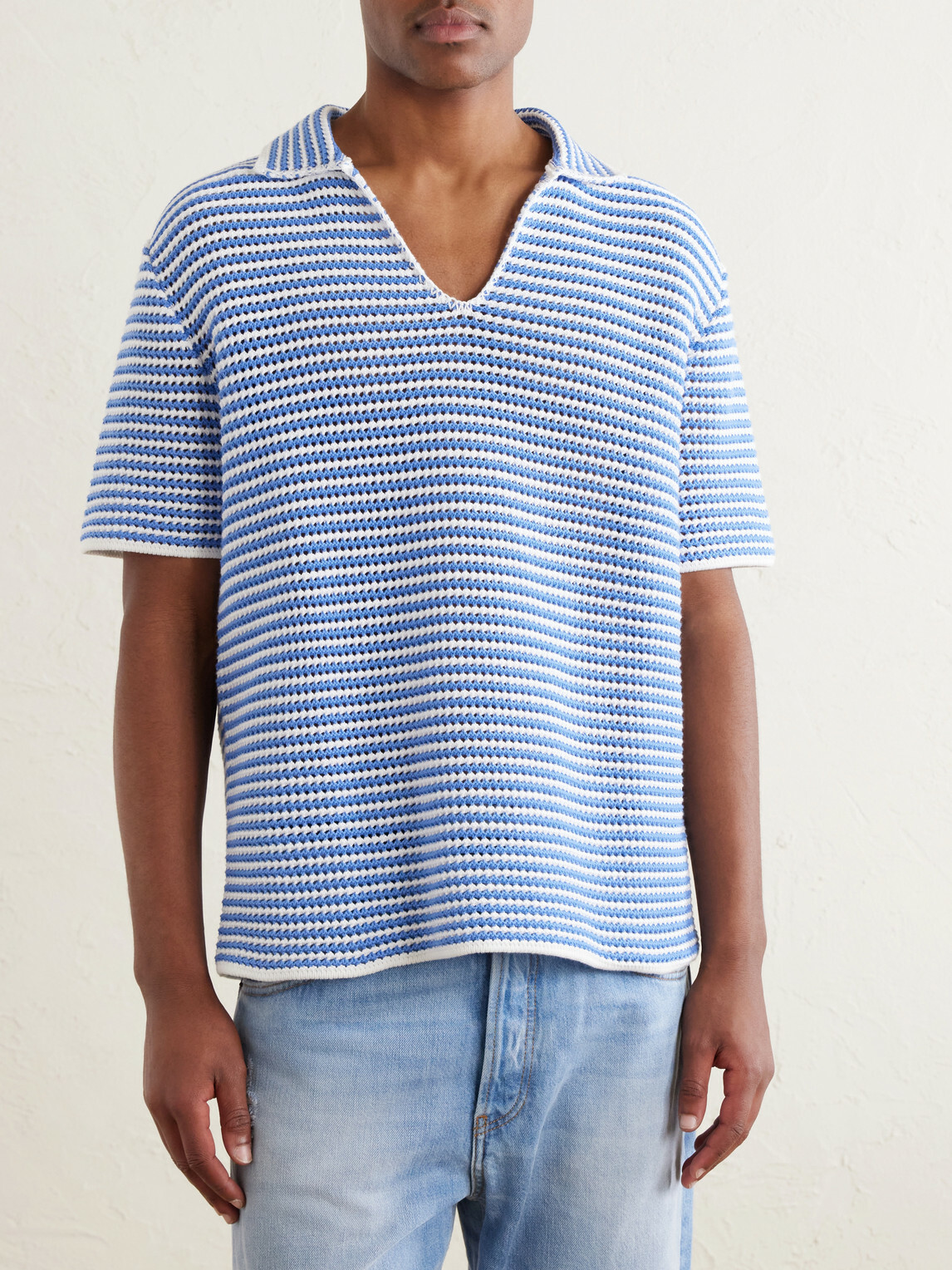 Orlebar Brown - Batten Striped Open-Knit Cotton Polo Shirt - Blue