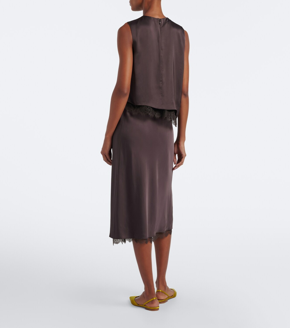 Vince Lace-trimmed satin midi skirt