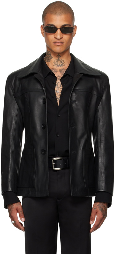 Photo: LU'U DAN Black Slim-Fit Creep Leather Jacket