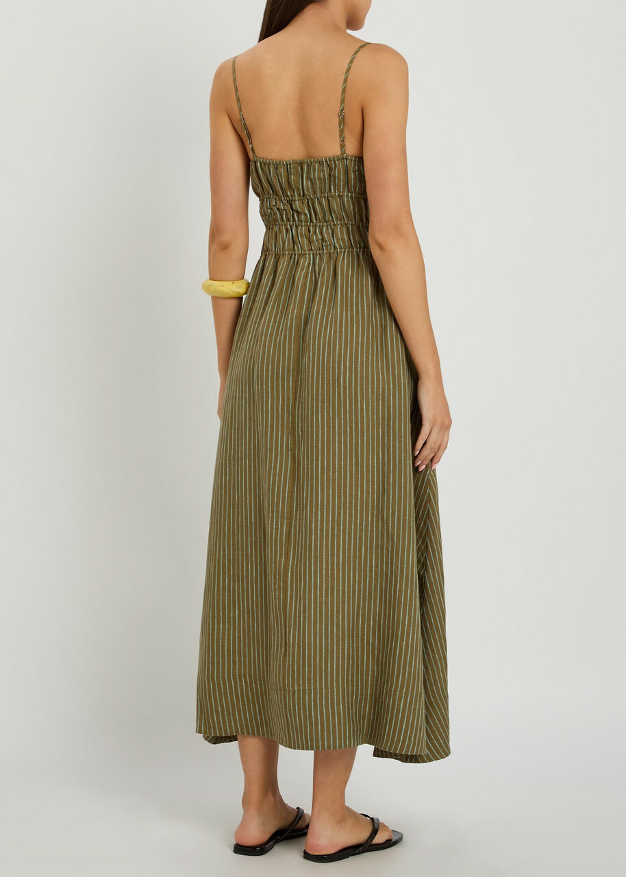 Staud Ayla Striped Linen Midi Dress Green