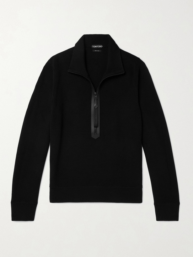 Photo: TOM FORD - Leather-Trimmed Merino Wool Half-Zip Sweater - Black