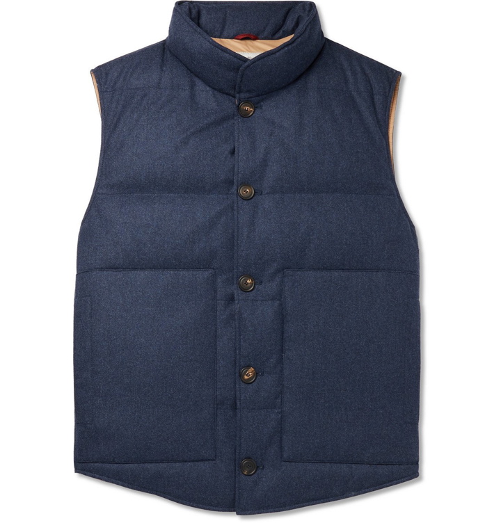 Photo: Brunello Cucinelli - Slim-Fit Quilted Wool, Silk and Cashmere-Blend Flannel Down Gilet - Blue