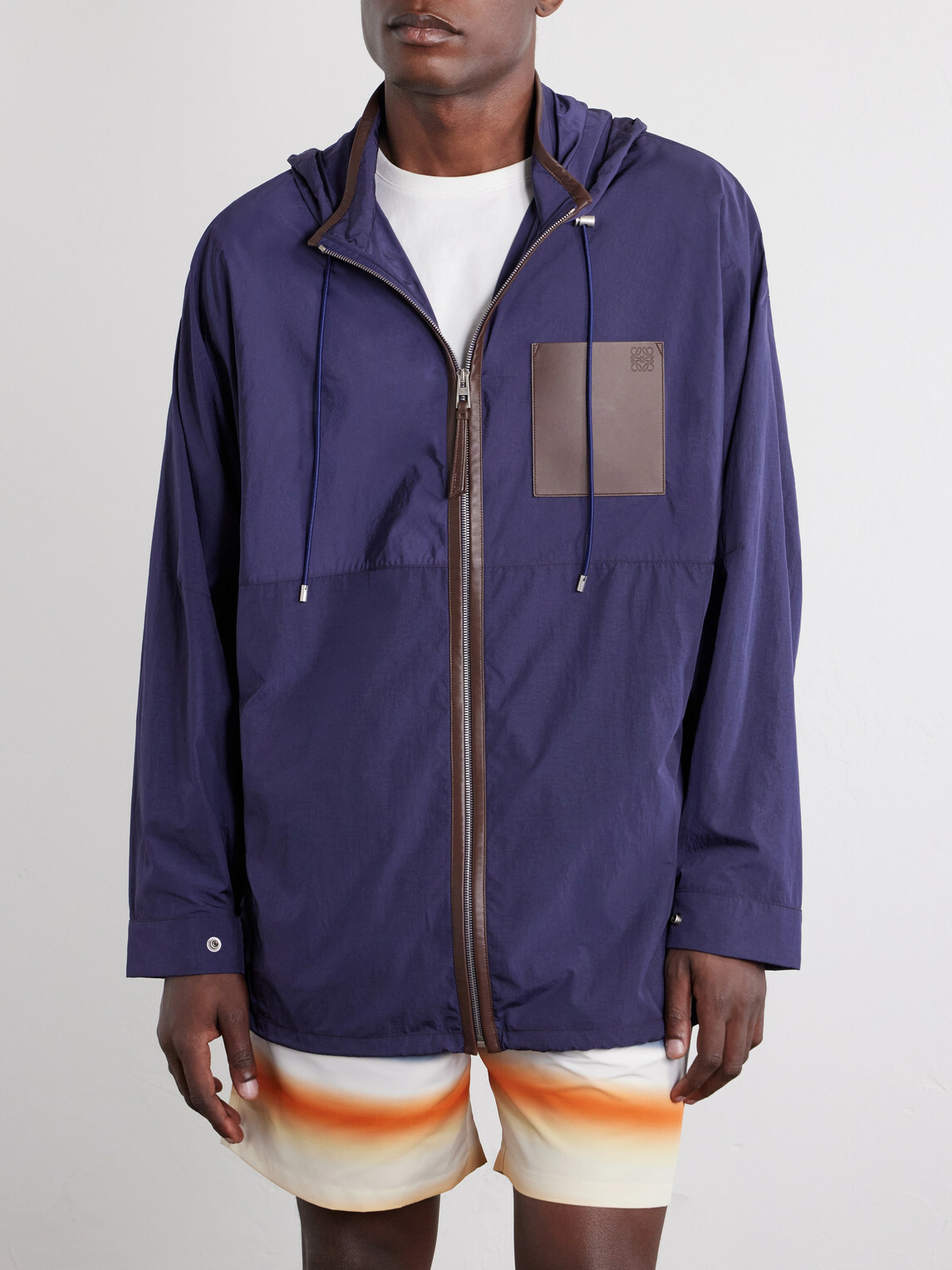 LOEWE - Paula's Ibiza Logo-Debossed Leather-Trimmed Ripstop Hooded Jacket - Blue