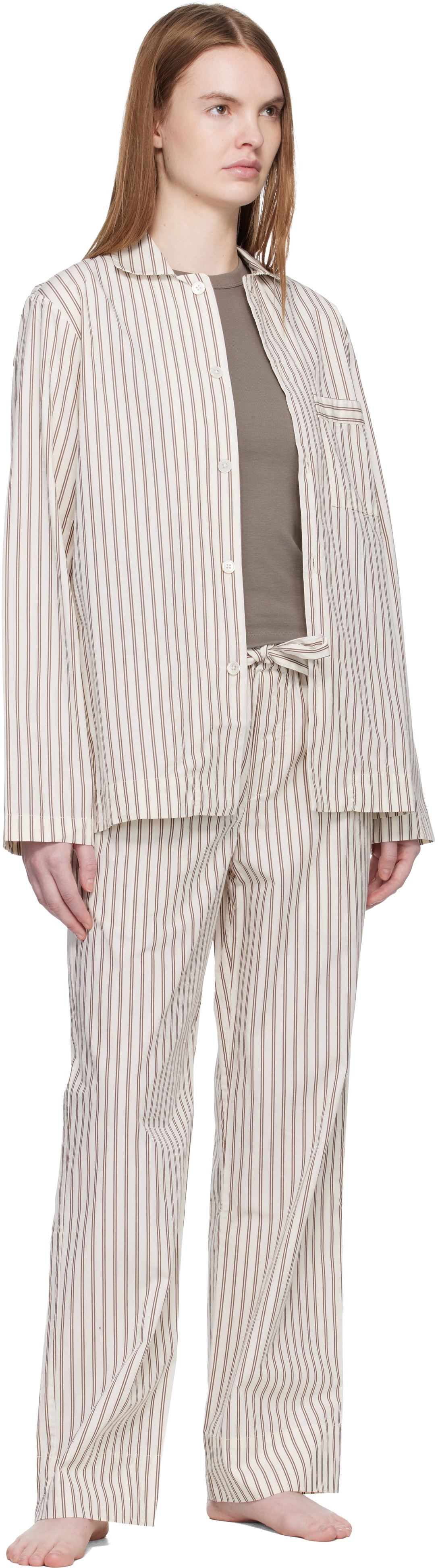 Tekla Off-White & Brown Poplin Pyjama Pants