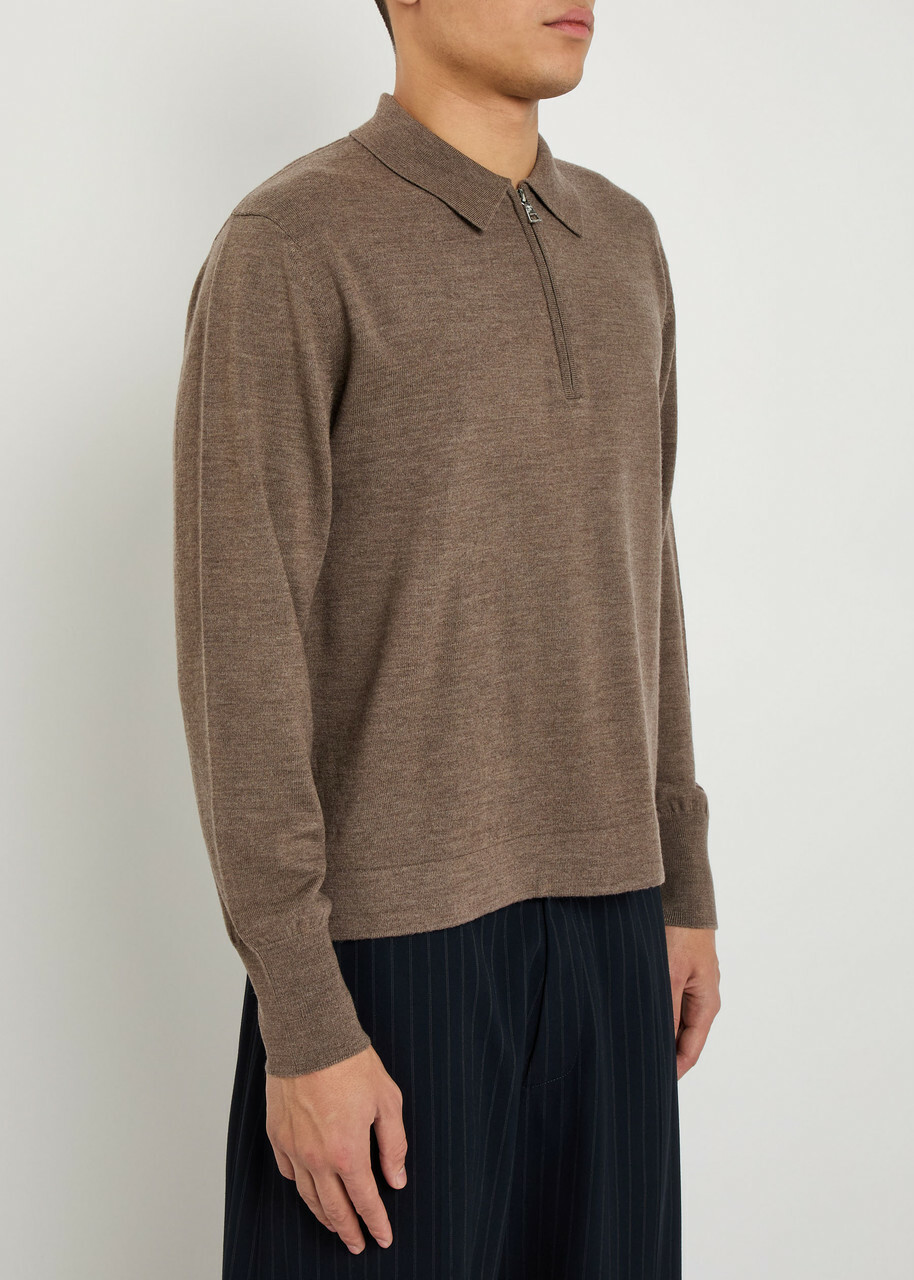 Officine Générale Merino Wool Polo Jumper Light Brown