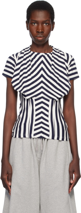 Photo: Pushbutton Navy & White Stripe Bra Draping Jersey T-shirt
