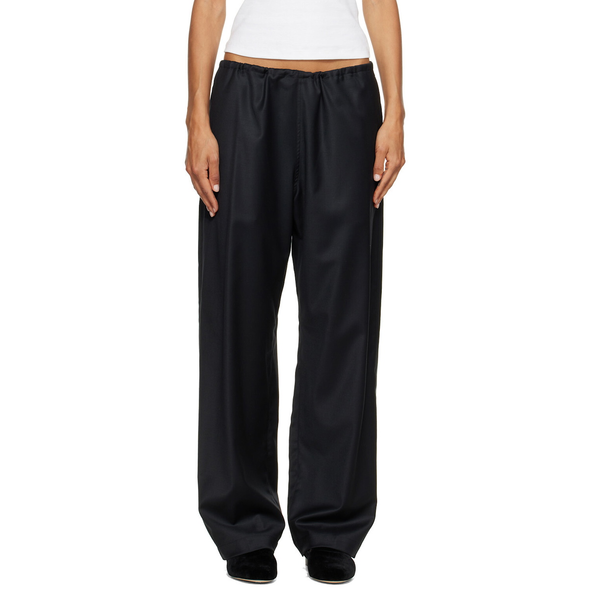 ssstein Black Wool Silk Drawstring Easy Trousers