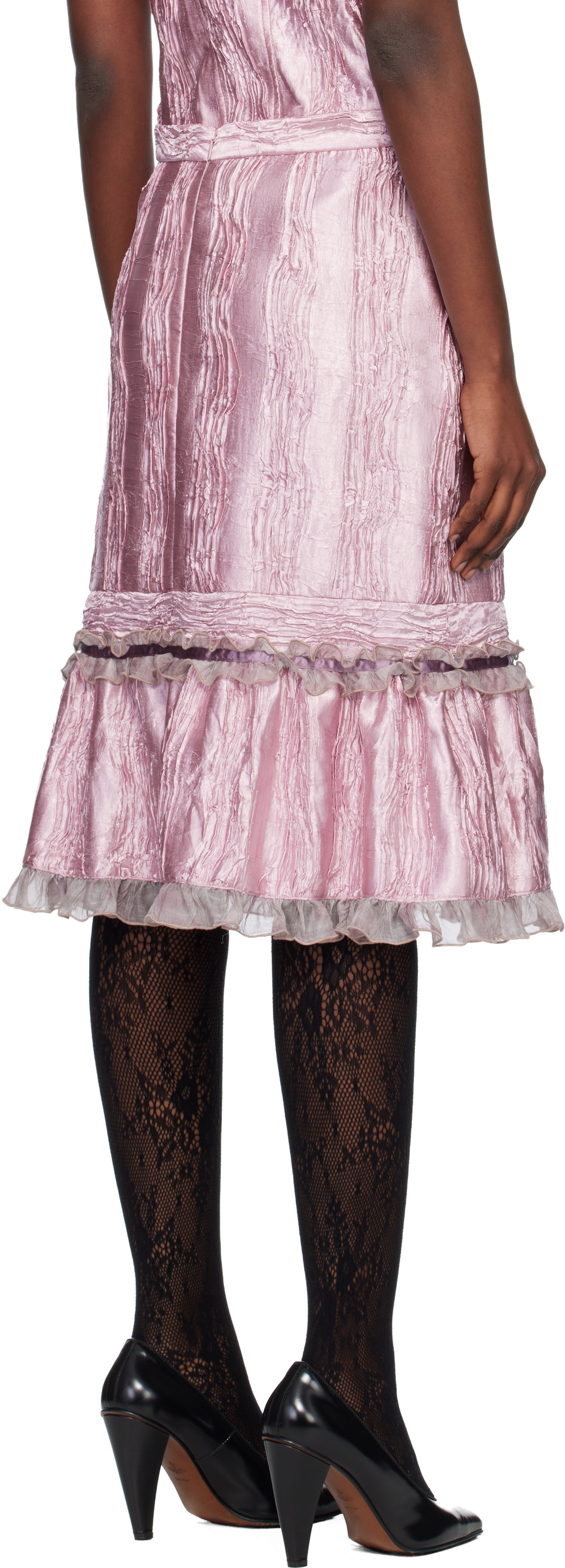 Anna Sui Pink Crushed Satin Ruffle Midi Skirt