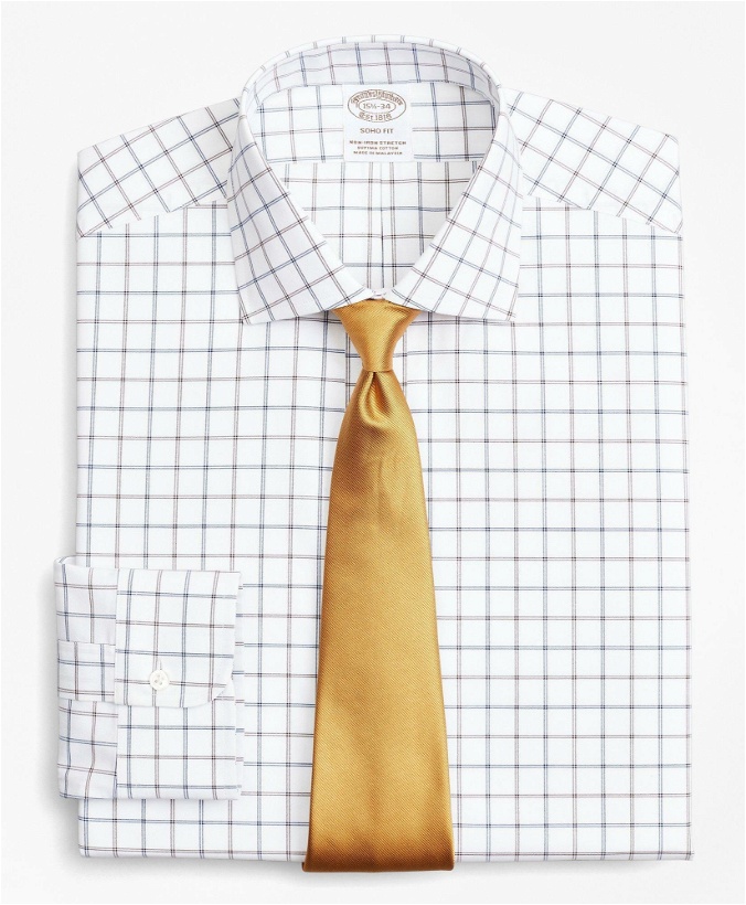 Photo: Brooks Brothers Men's Stretch Soho Extra-Slim-Fit Dress Shirt, Non-Iron Poplin English Collar Double-Grid Check | Brown