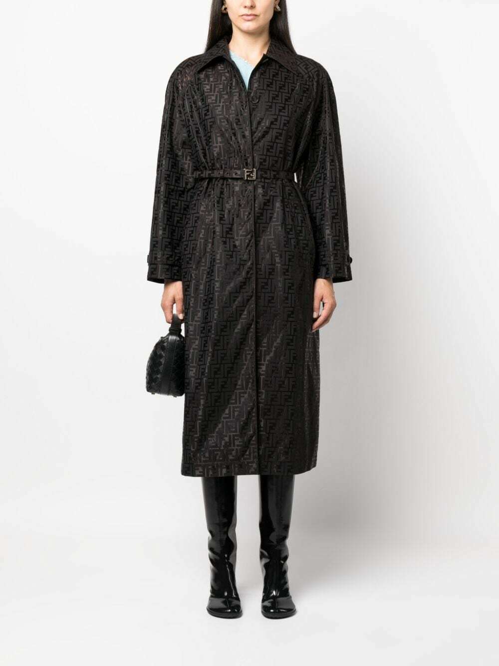 【関税込み】FENDI FF JACQUARD FABRIC TRENCH COAT FENDI FF-jacquard Belted Trench Coat | Blue | FARFETCH