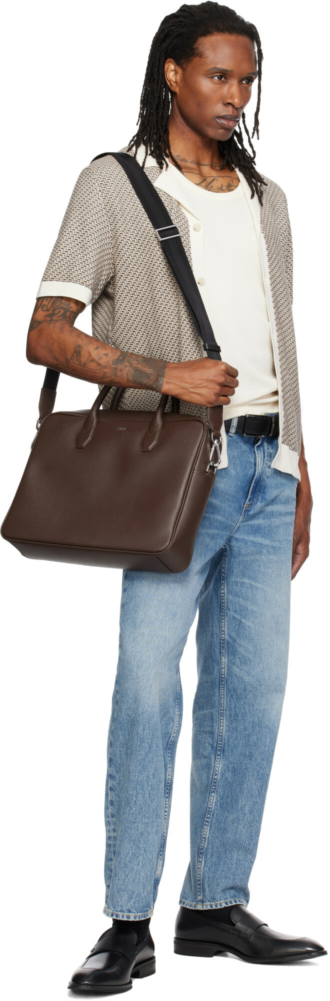 BOSS Brown Logo Lettering Grained Briefcase