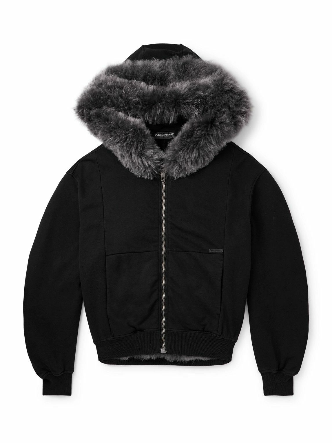 Dolce&Gabbana - Shearling-Trimmed Cotton-Jersey Hooded Jacket - Black