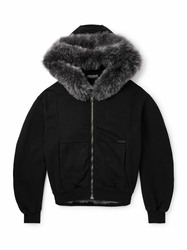 Photo: Dolce&Gabbana - Shearling-Trimmed Cotton-Jersey Hooded Jacket - Black