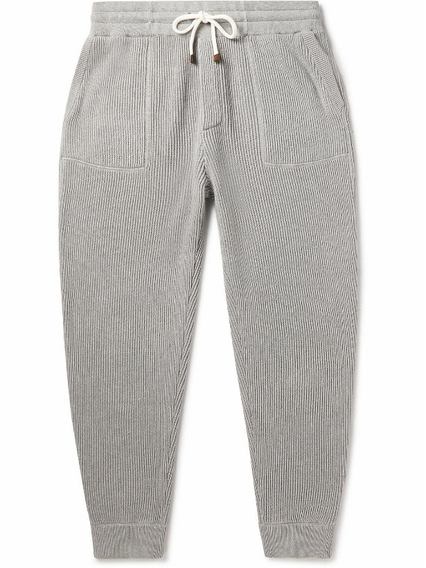 Photo: Brunello Cucinelli - Tapered Ribbed Cotton Sweatpants - Gray