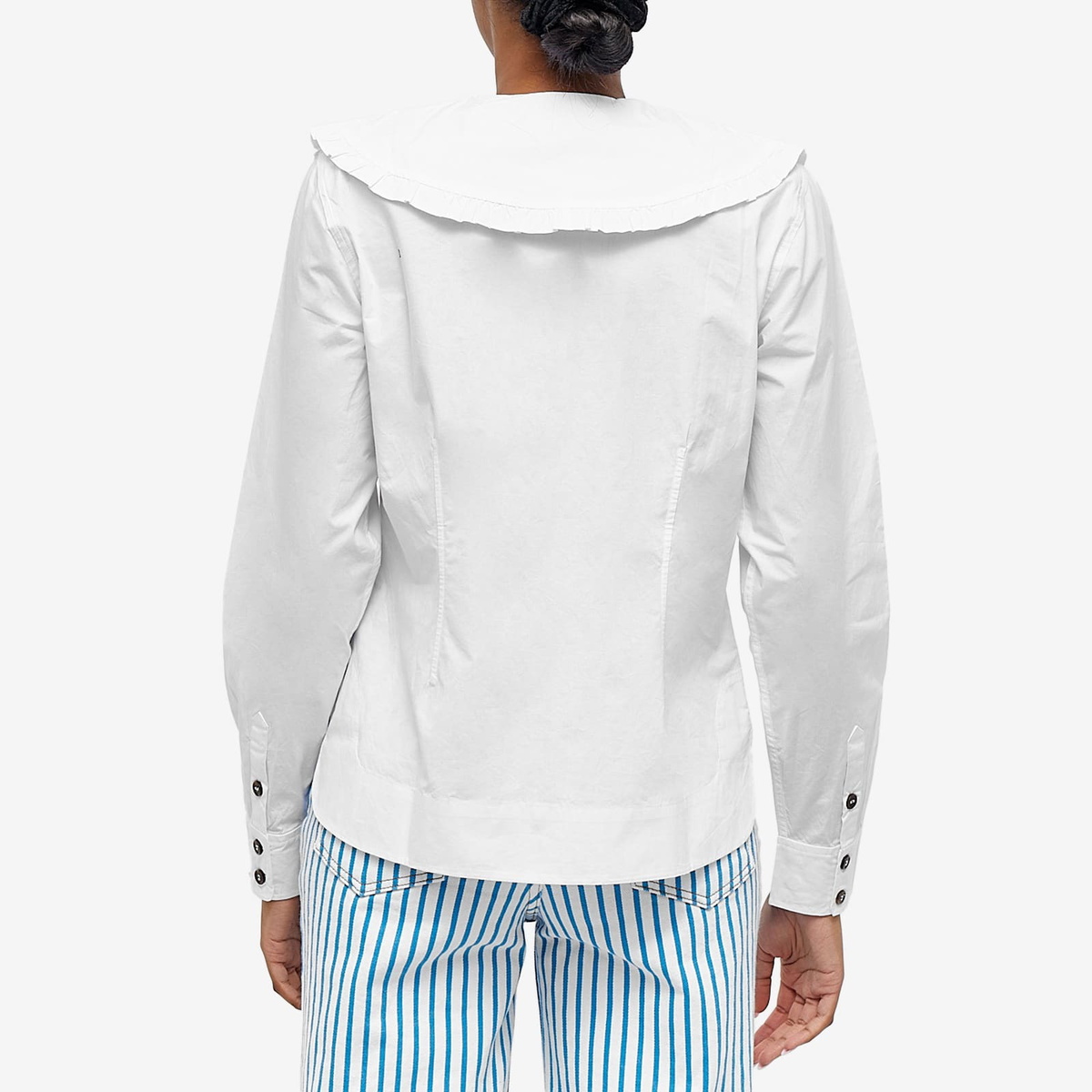 Bright White Cotton Poplin V-neck Frill Collar Shirt | GANNI US