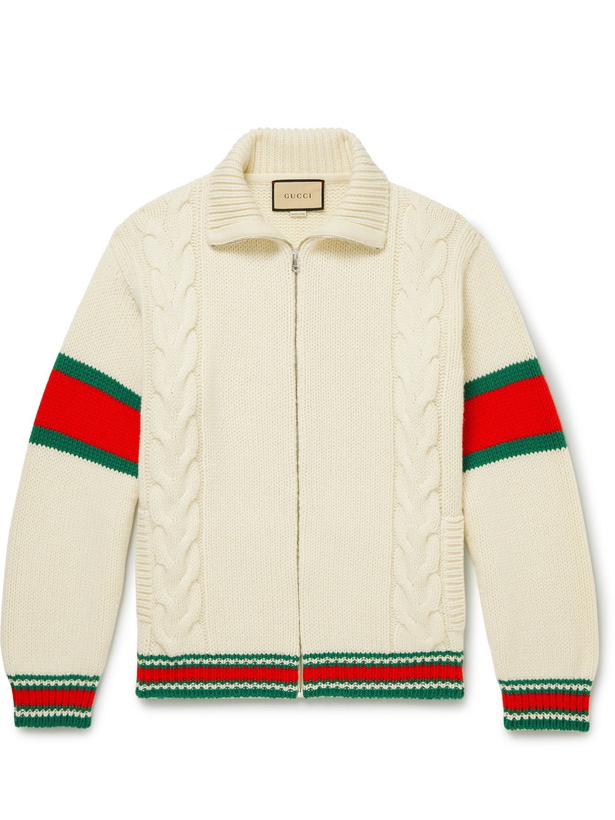 Photo: GUCCI - Striped Cable-Knit Wool Zip-Up Cardigan - Neutrals