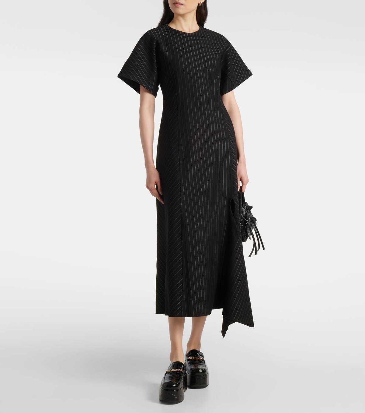 ganni pinstripe ruched dress GANNI Ruched pinstriped stretch-jacquard mini dress