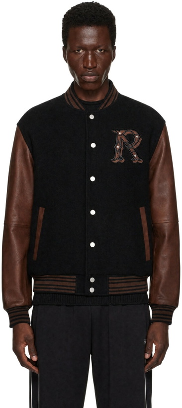 Photo: Represent Black Faux-Leather Varsity Bomber Jacket