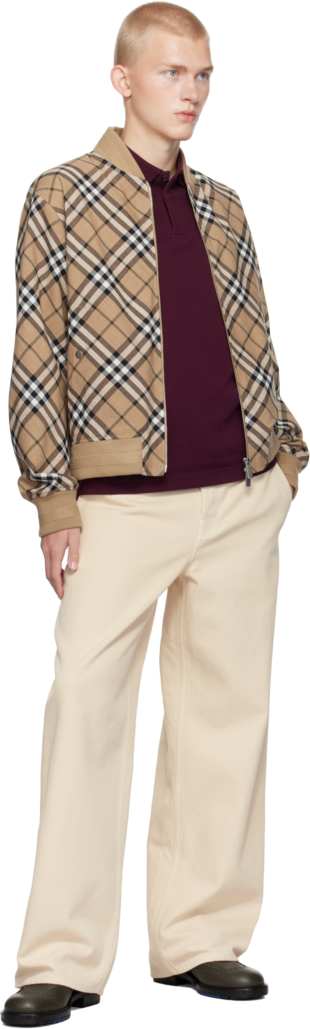 Burberry Beige Check Wool Blend Harrington Bomber Jacket