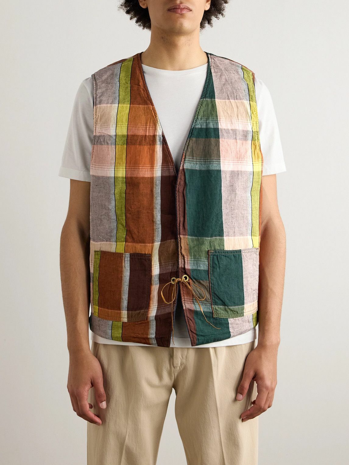 OrSlow - Hippie's Reversible Denim and Checked Cotton and Linen-Blend Gilet - Blue
