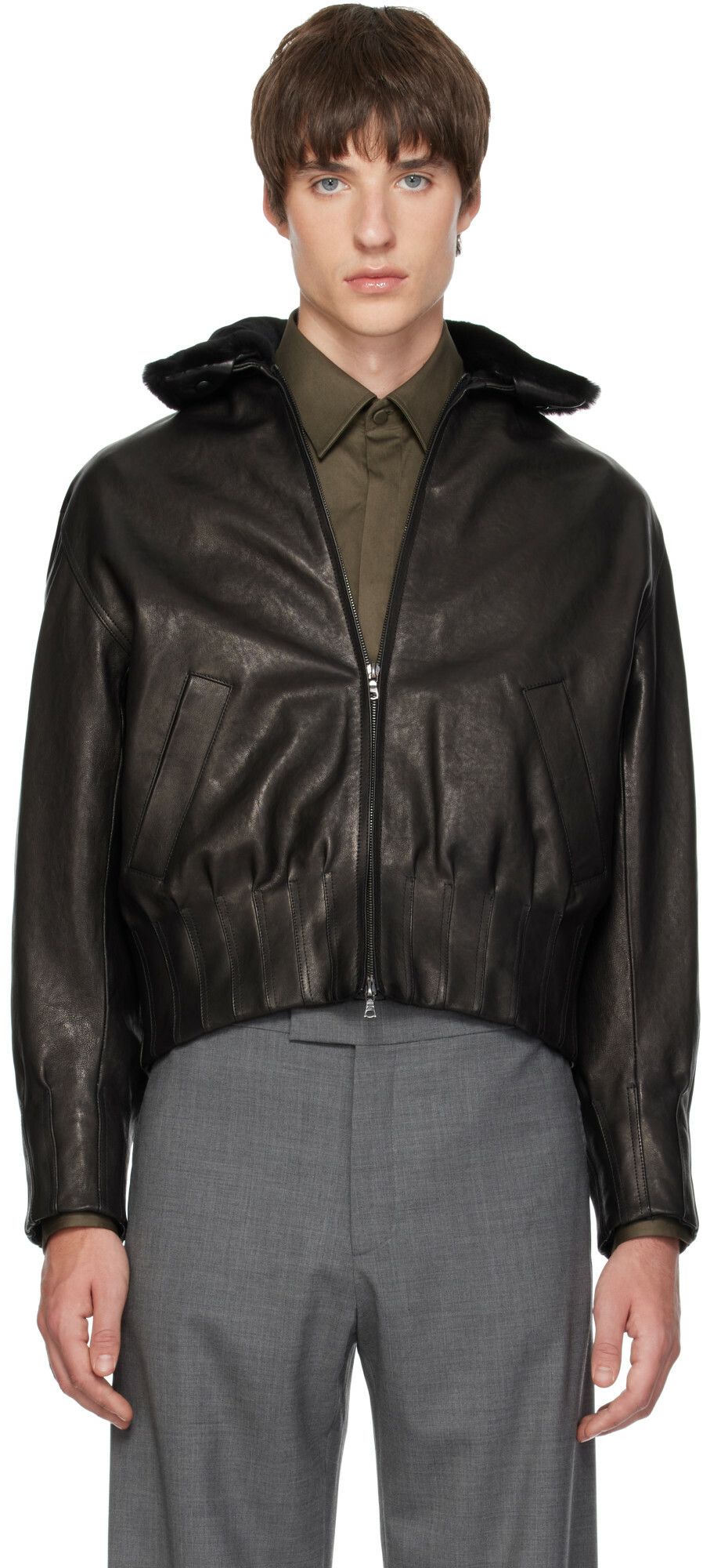 AARON ESH Black Shearling Collar Leather Bomber
