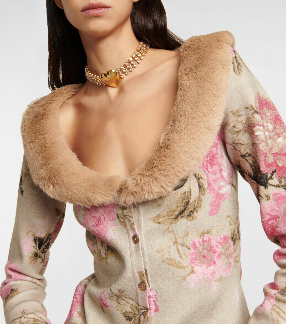 Blumarine - Faux fur-trimmed floral cardigan Blumarine