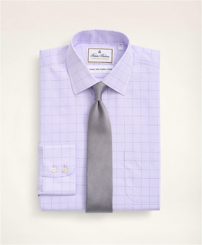 Photo: Brooks Brothers Men's Regent Regular-Fit Dress Shirt, Non-Iron Ultrafine Twill Ainsley Collar Grid Check | Violet