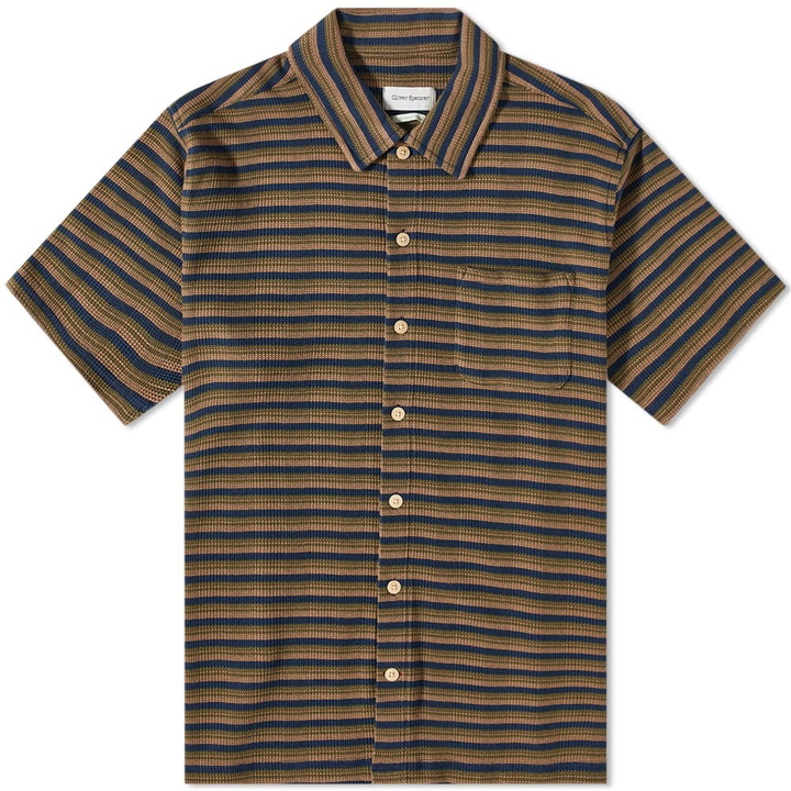 Photo: Oliver Spencer Men's Riviera Short Sleeve Jersey Shirt in Navy/Green