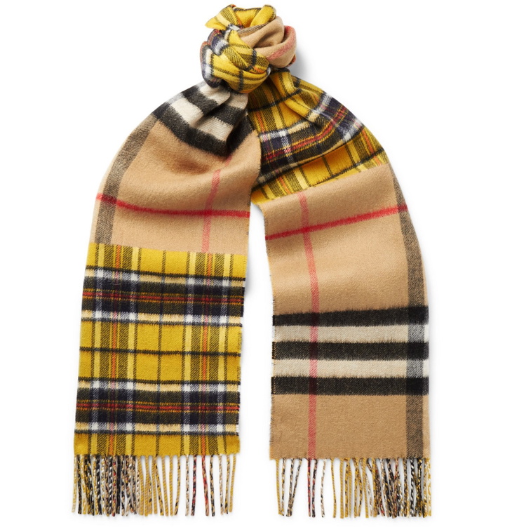 Photo: Burberry - Fringed Checked Cashmere and Merino Wool-Blend Scarf - Yellow