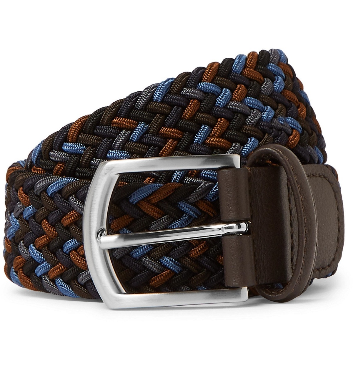 Anderson's - 3.5cm Navy Leather-Trimmed Woven Elastic Belt - Blue Anderson's
