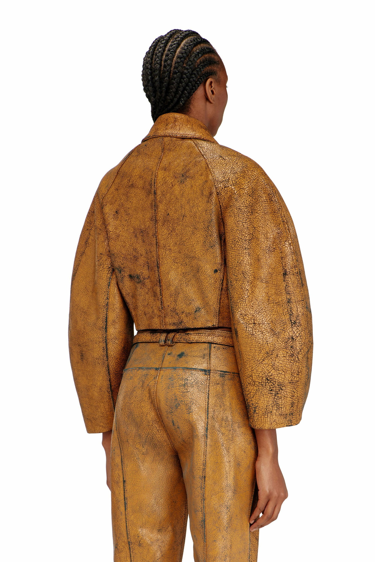 Diesel Cropped cocoon jacket in crackle leather - Leather jackets Womens in Brown