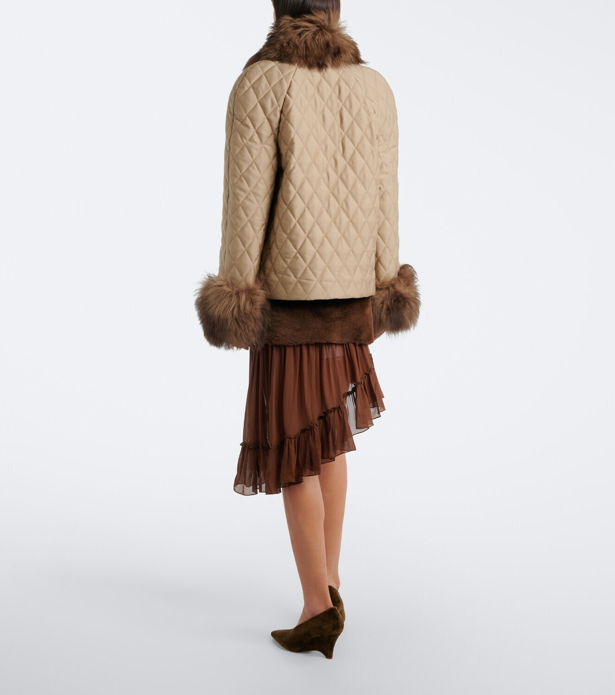 Jacques Wei Layered shearling and chiffon miniskirt
