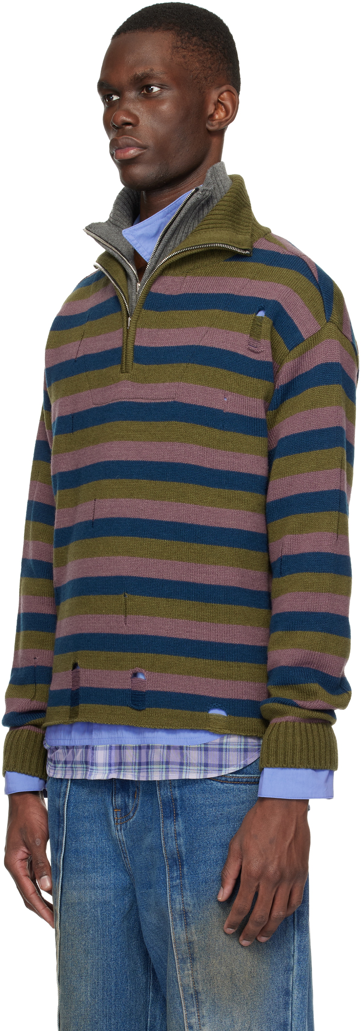 Andersson Bell Blue & Gray Double Layered Stripe Half Zip-Up Sweater