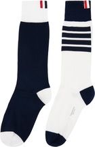 Thom Browne White & Navy Fun Mix Classic 4-Bar Mid Calf Socks