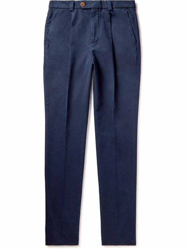 Photo: Brunello Cucinelli - Straight-Leg Pleated Cotton-Twill Trousers - Blue
