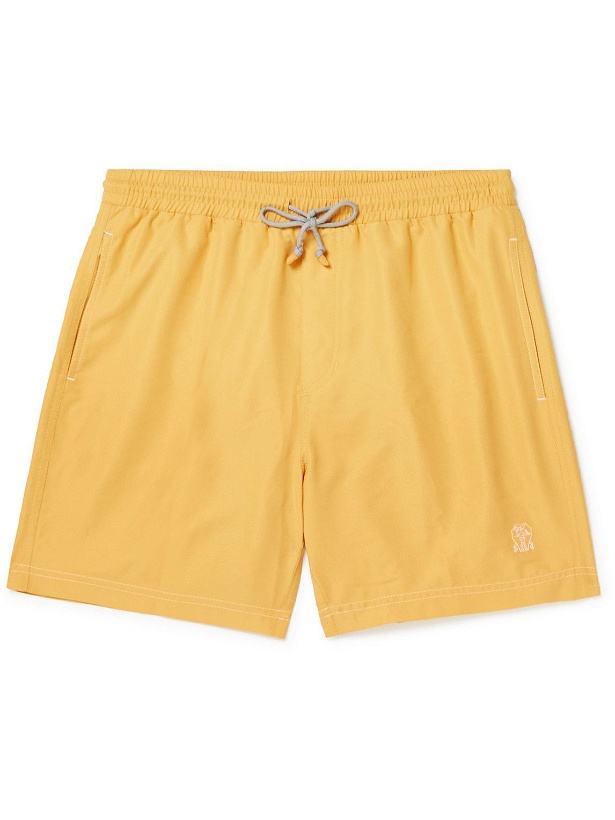 Photo: Brunello Cucinelli - Straight-Leg Long-Length Logo-Embroidered Swim Shorts - Yellow