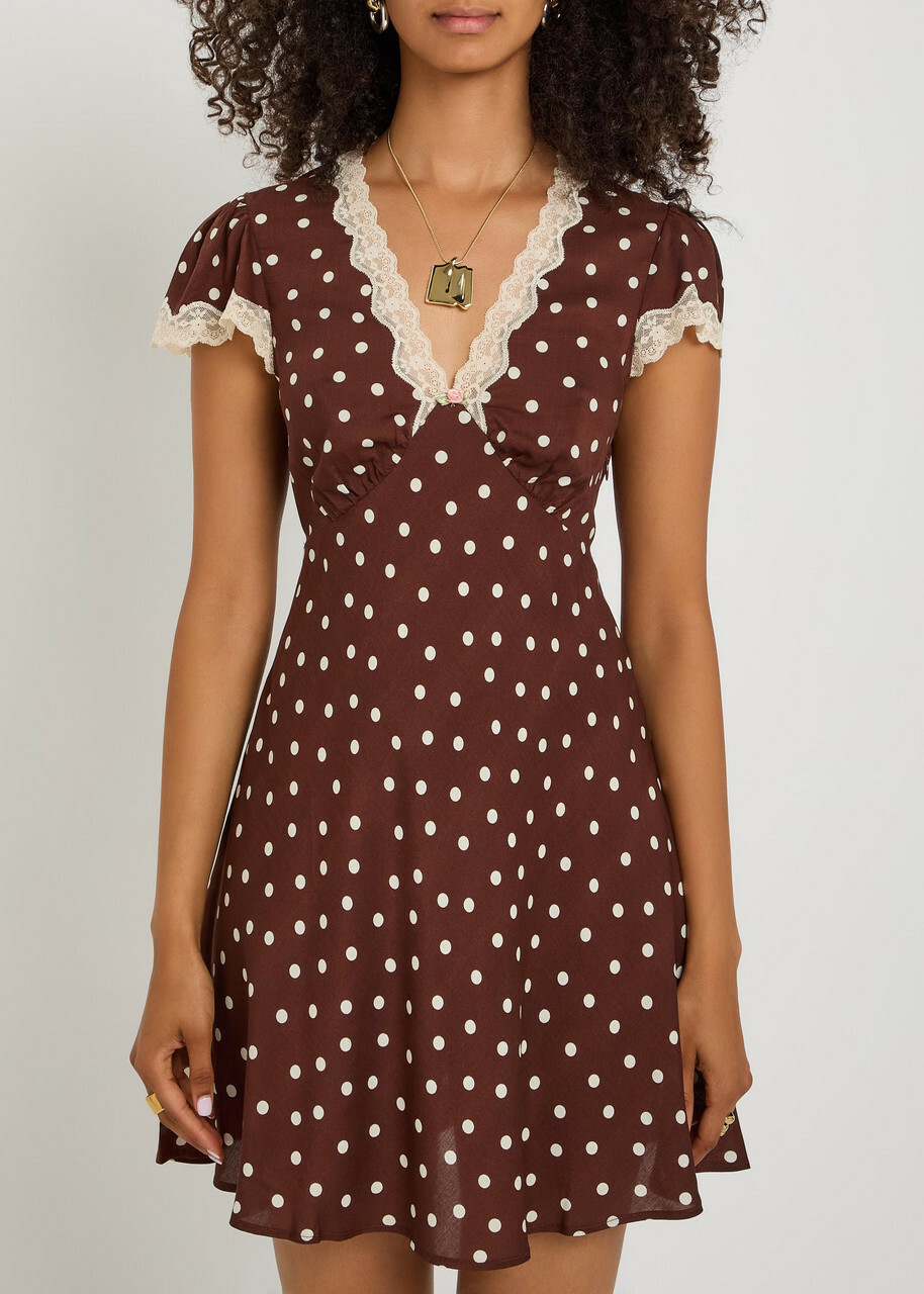 Rixo Cely Polka dot Crepe de Chine Mini Dress Brown