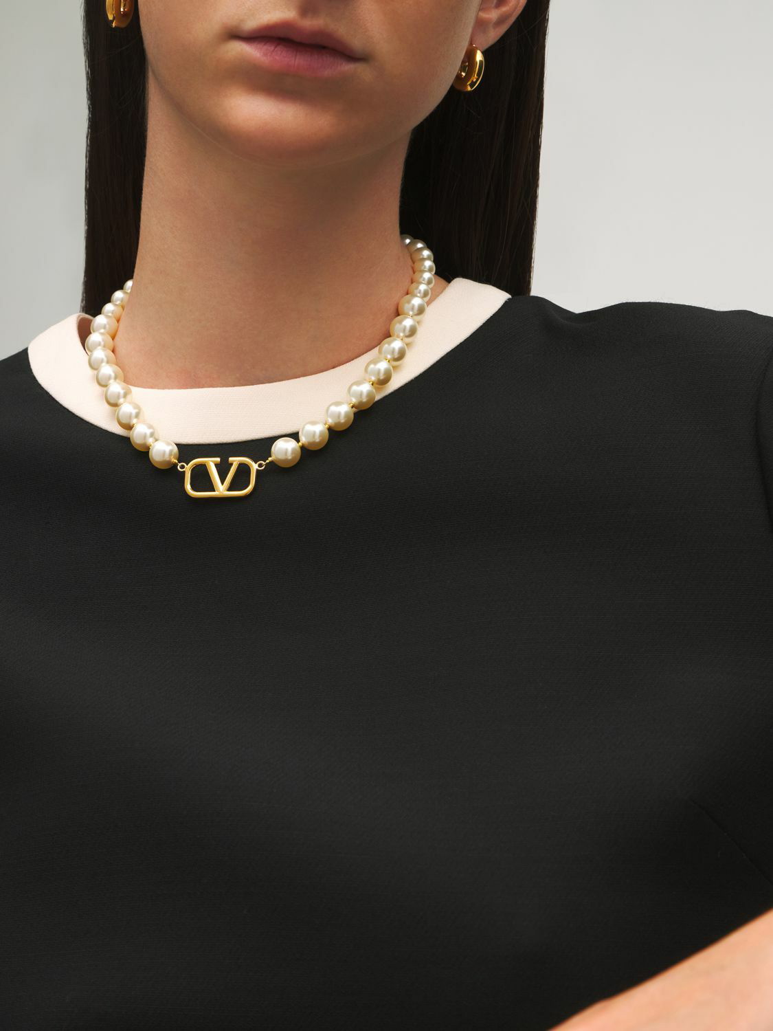 Faux Pearl Chain V Logo Necklace