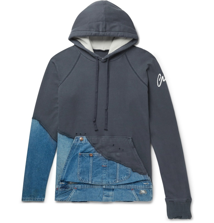 Photo: Greg Lauren - Panelled Distressed Loopback Cotton-Jersey and Denim Hoodie - Blue