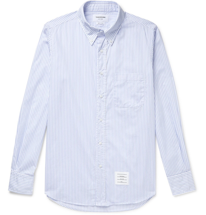 Photo: Thom Browne - Button-Down Collar Appliquéd Pinstriped Cotton-Poplin Shirt - Blue