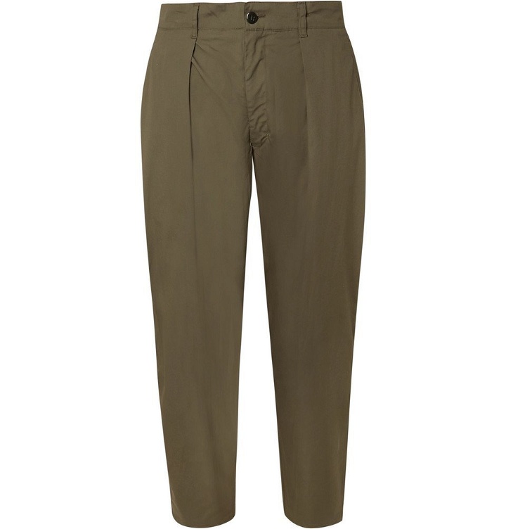 Photo: Monitaly - Tapered Pleated Cotton-Sateen Trousers - Men - Army green