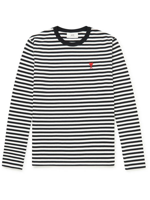 Photo: AMI PARIS - Logo-Embroidered Striped Organic Cotton-Jersey T-Shirt - Black