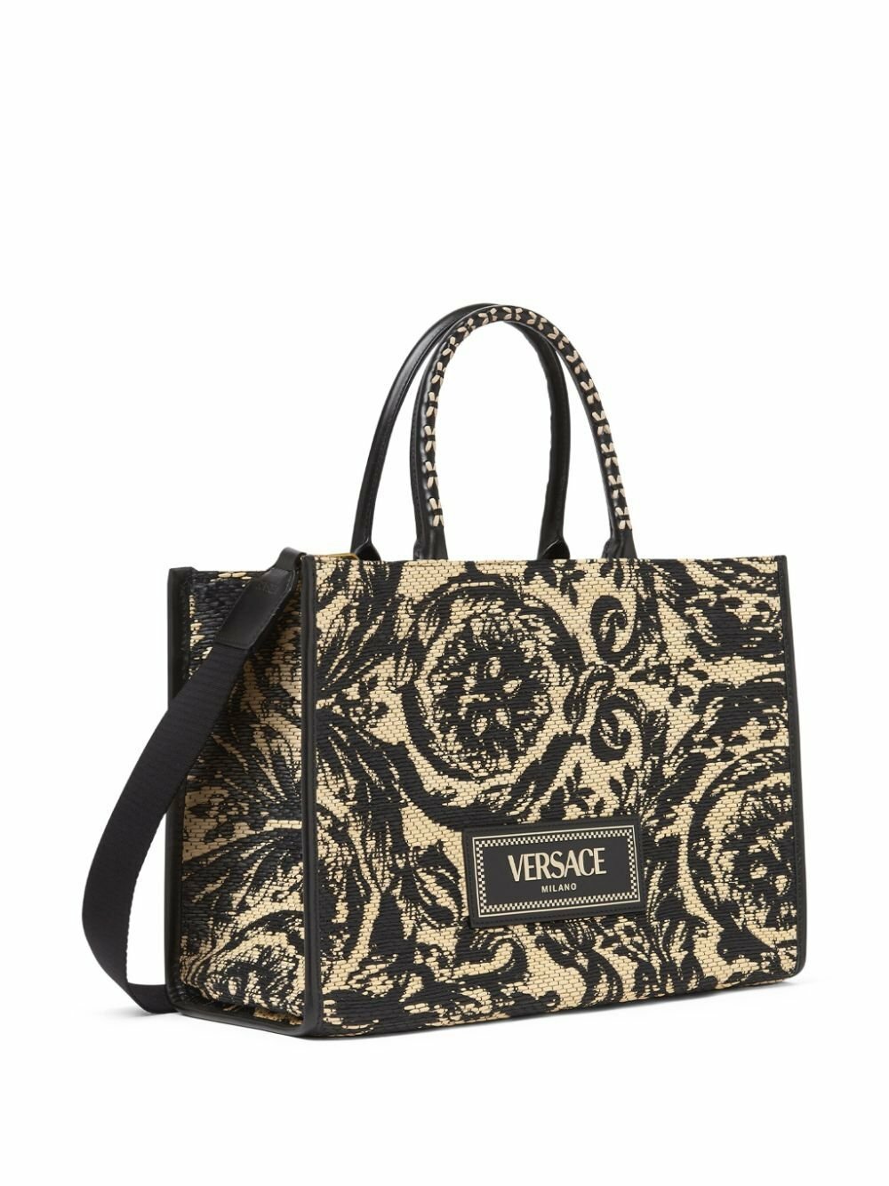 Versace Black Barocco Athena Medium Raffia Tote Bag