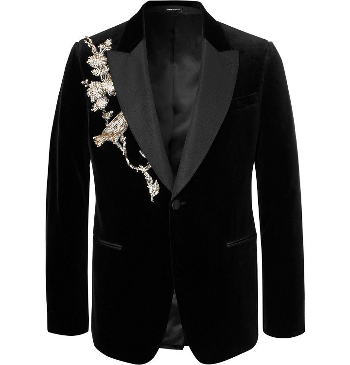 Photo: Alexander McQueen - Slim-Fit Embellished Silk Grosgrain-Trimmed Cotton-Velvet Blazer - Men - Black
